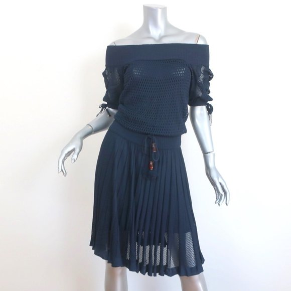 Gucci Dresses & Skirts - GUCCI TOM FORD OFF-SHOULDER BAMBOO TASSEL DRESS NAVY PLEATED MESH SIZE MEDIUM